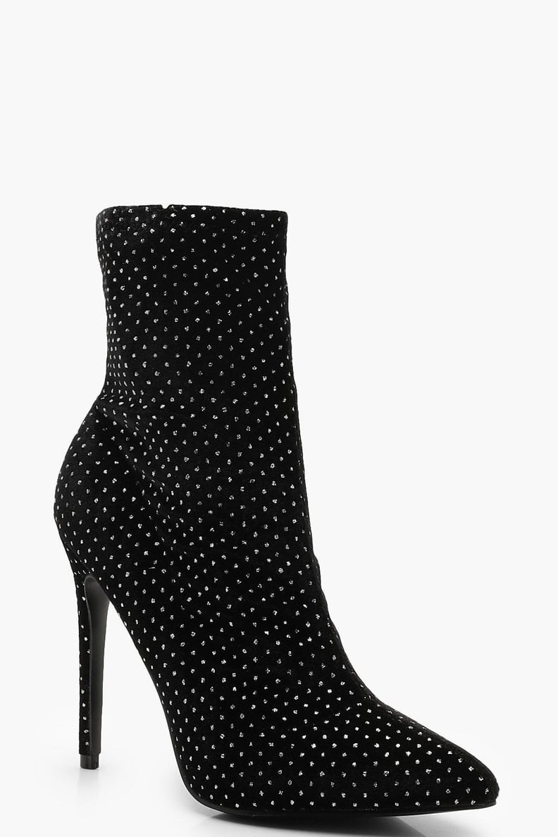 Boohoo Glitter Velvet Stiletto Sock Boots