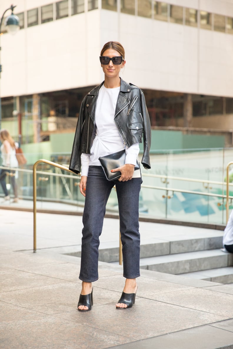 A white blouse and jeans