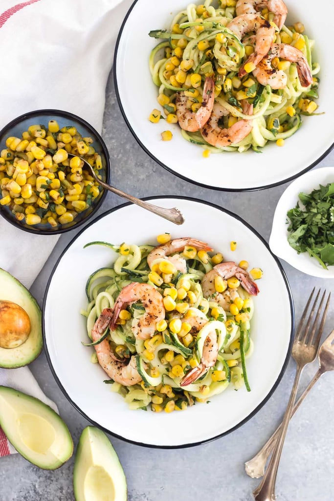 Spicy Avocado Zucchini Noodles With Grilled Shrimp and Charred Corn