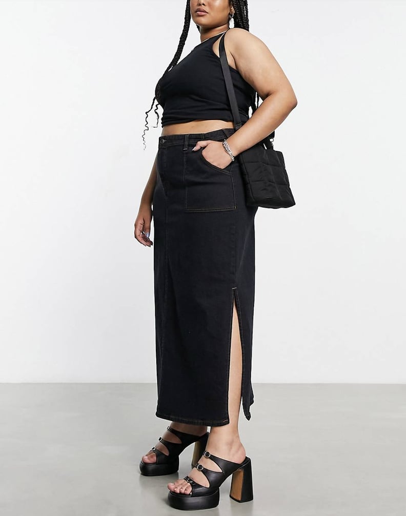 ASOS Design Curve Denim Cargo Midi Skirt in Washed Black