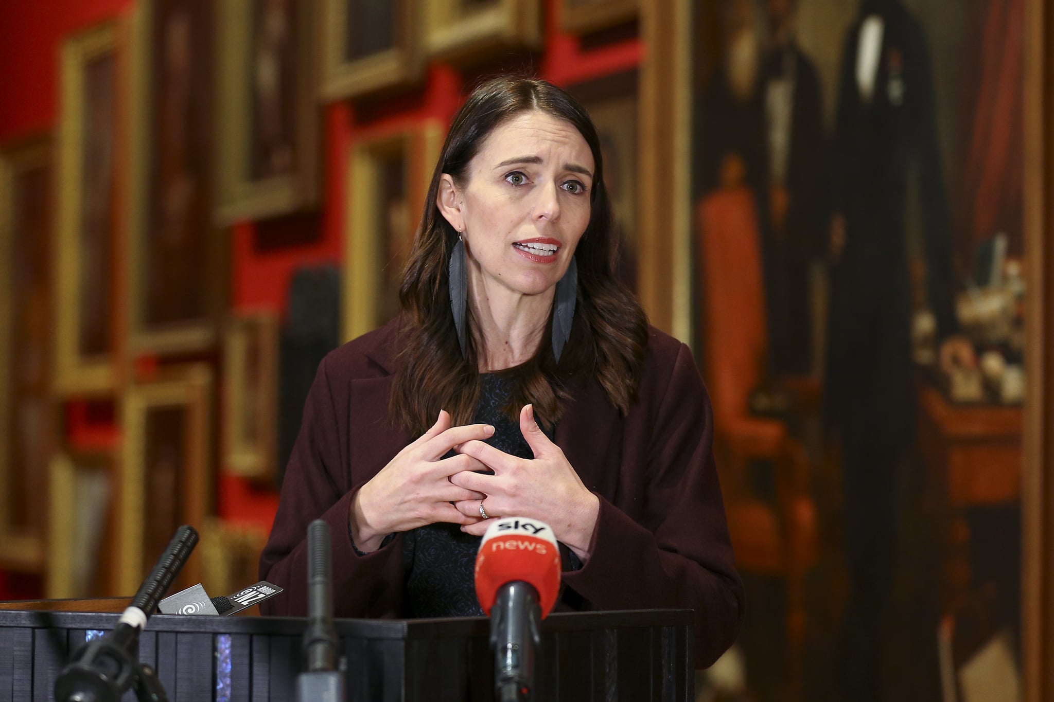 WELLINGTON, NEW ZEALAND - MAY 28: Prime Minister Jacinda Ardern speaks to media during a press conference at the Museum of New Zealand, Te Papa, on May 28, 2020 in Wellington, New Zealand. Prime Minister Jacinda Ardern announced a $95 million recovery package for New Zealand's museums and cultural trusts due to the impact of the coronavirus related recession. $25m will go to the national arts development agency, Creative New Zealand and $18m will go to Te Papa to continue operating. Heritage New Zealand will receive $11.3m, and the Antarctic Heritage Trust will receive $1.4m. Te Papa Museum was closed on 20 March 2020 in response to the COVID-19 pandemic and subsequent government restrictions imposed to stop the spread of coronavirus in New Zealand. The 68-day closure was the longest in the museum's history.  (Photo by Hagen Hopkins/Getty Images)
