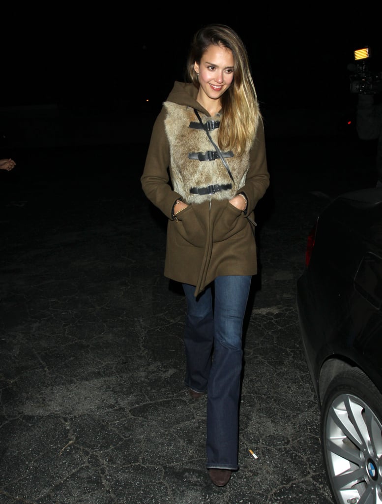 Jessica brought her C-game (major coat game, that is!) in a fur-trim Sandro topper and wide-leg denim while dining at Matsuhisa restaurant in Beverly Hills.