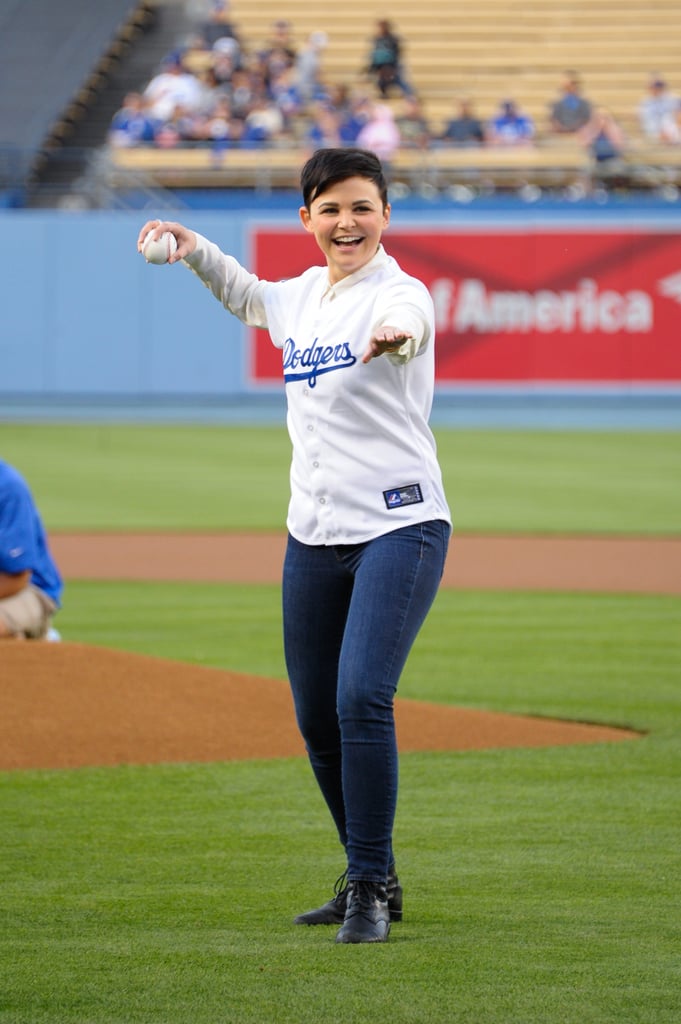Ginnifer Goodwin gave her pitching skills a go at the LA Dodgers game in May 2013.