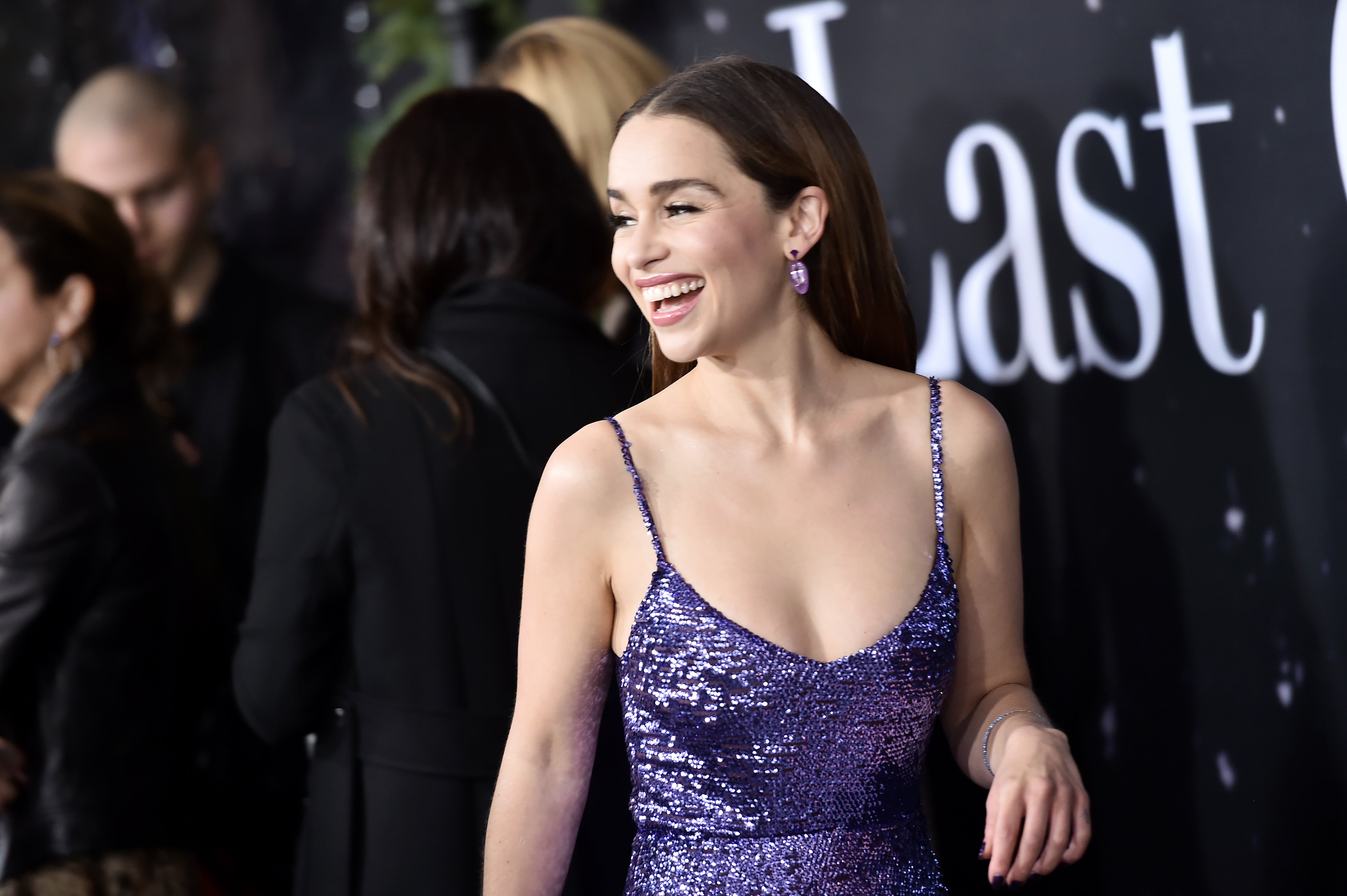 emilia clarke purple dress Emilia Clarke's Dress Looks Like a Sparkly Purple Ornament