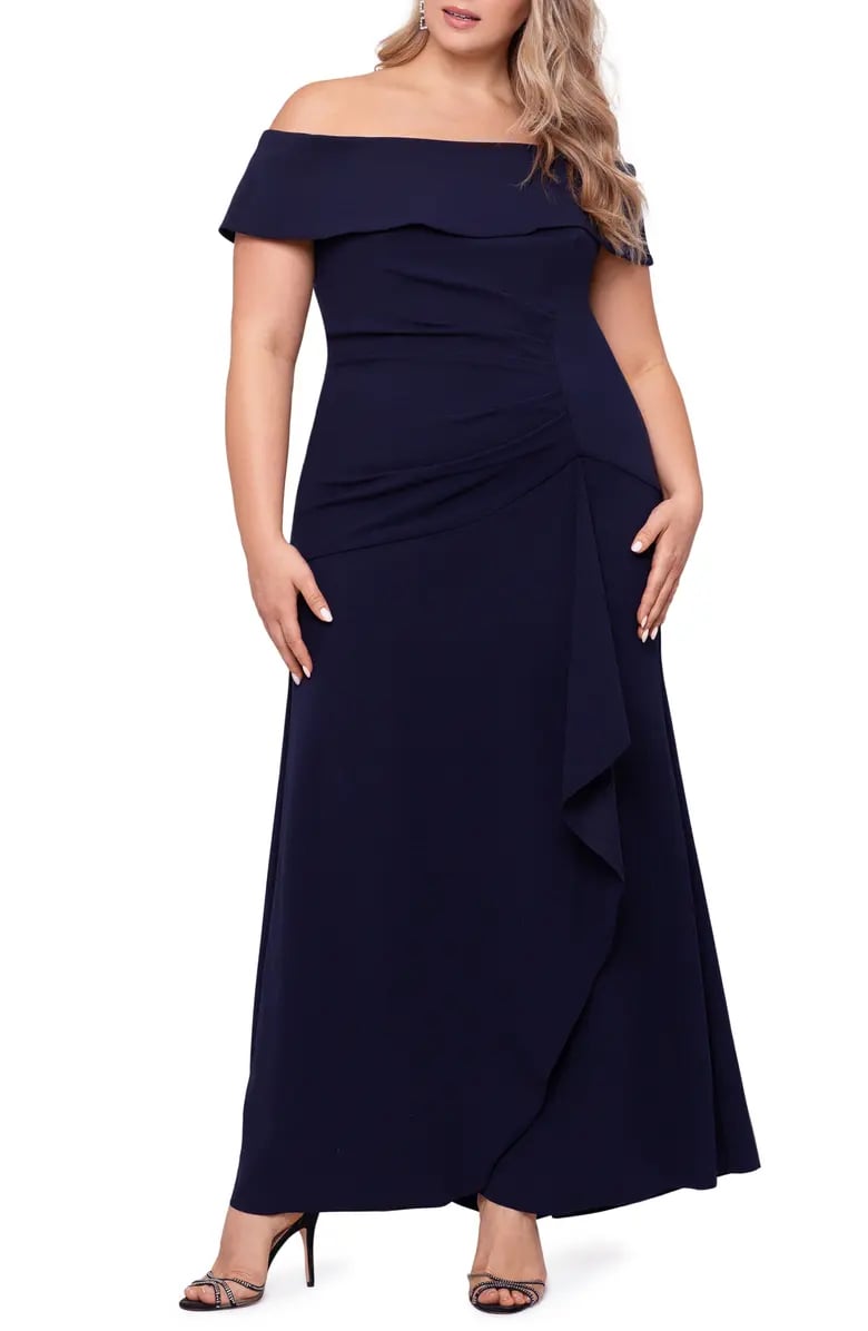 Off-Shoulder Opulence: Xscape Off the Shoulder Scuba Gown