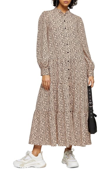 Spot Tiered Long Sleeve Maxi Shirtdress