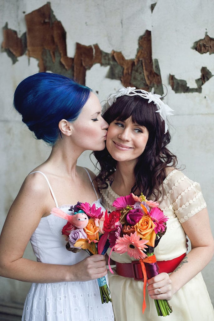 Take a scroll through Pinterest and you'll see a lot of the same wedding hairstyles: subdued curls, sophisticated chignons, and page after page of baby's breath. Now this may work for a bevy of classic brides, but some ladies about to walk down the aisle are looking for something with a bit more spunk. Behold: POPSUGAR Beauty's collection of edgy hairstyles — and not a french twist in sight. 
Photo by Arrow & Apple via Style Me Pretty