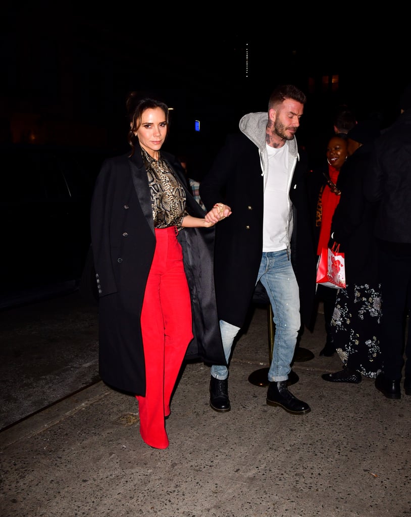 Victoria Beckham Red Pants and Snakeskin Blouse January 2019