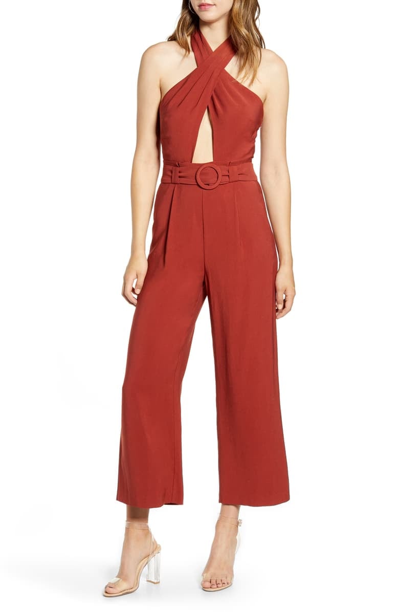 J.O.A. Belted Halter Neck Jumpsuit