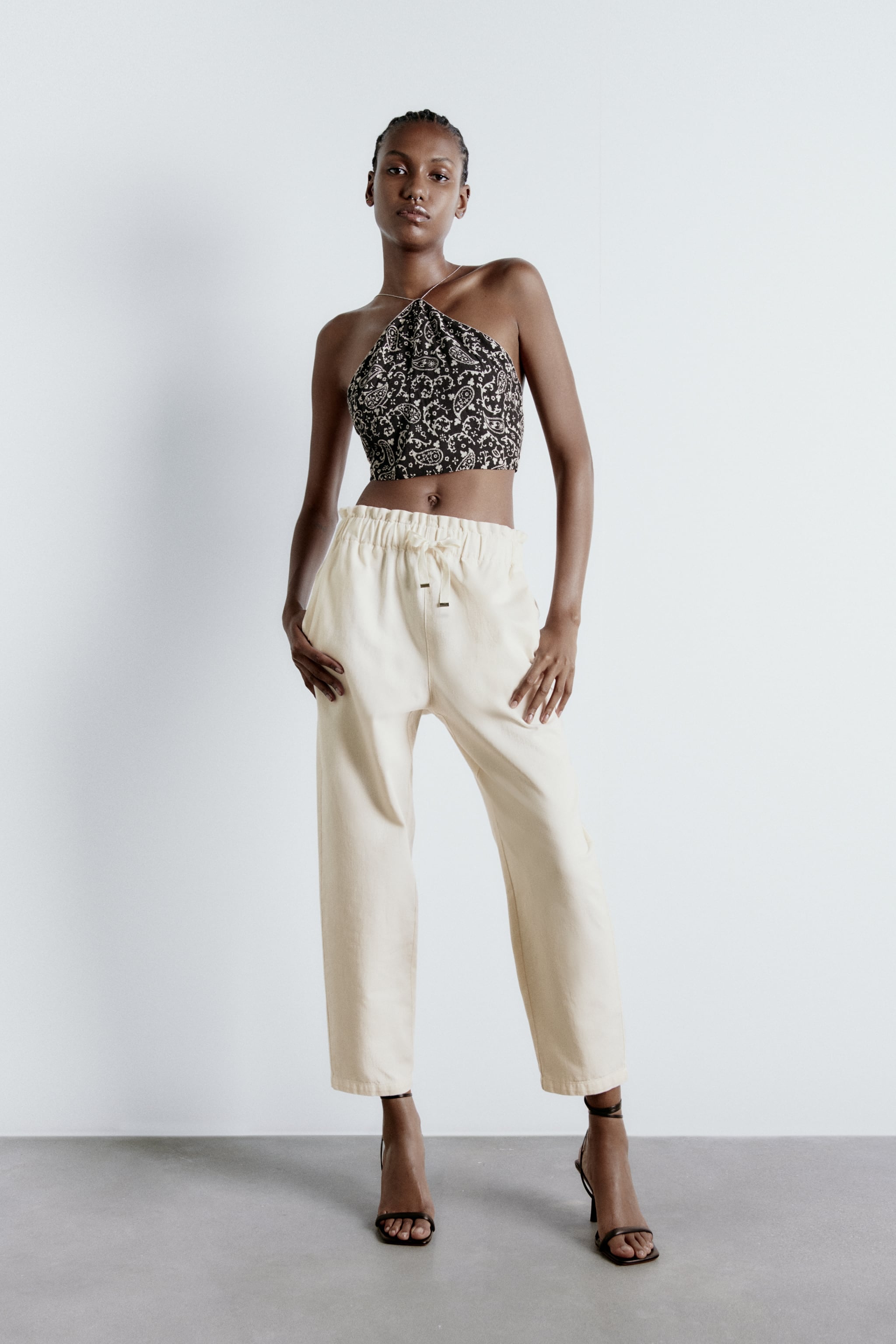 Pink Paper Bag Pants With A Ruffle Sleeve Crop Top - House of Illusions