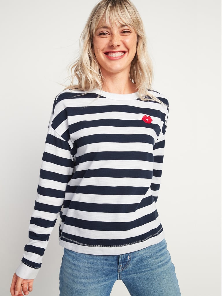 Loose Thick-Knit Striped Embroidered Graphic Easy Long-Sleeve Tee