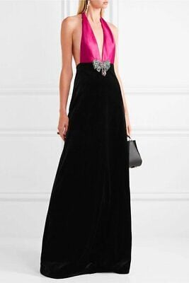 Gucci Black and Velvet Fuchsia Satin Halter Neck Gown