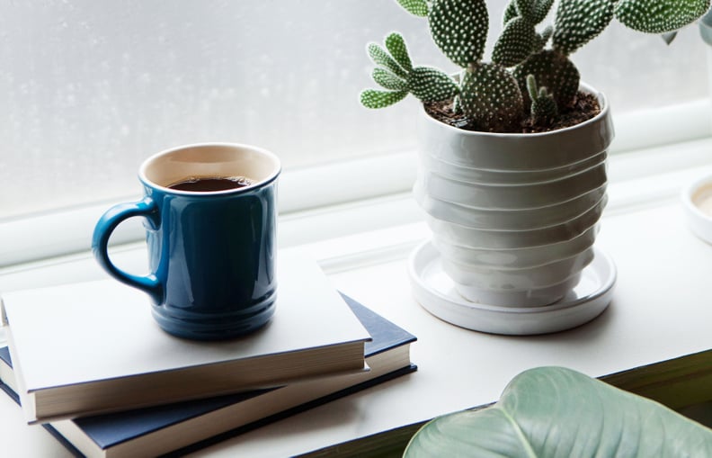 大杯咖啡一堆书旁边一个仙人掌;咖啡对你有好处吗?”width=