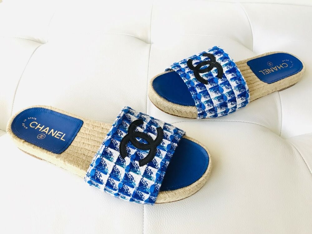 Chanel Blue and White Tweed Mules