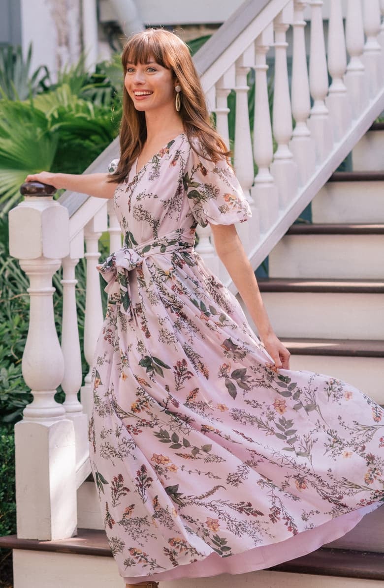 Gal Meets Glam Collection Phoebe Floral Puff-Sleeve Chiffon Maxi Dress