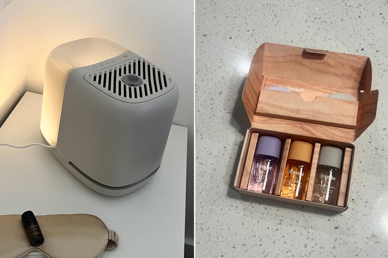 The Canopy Bedside Humidifier 2.0 on night stand and the Being Frenshe Aroma Kit.