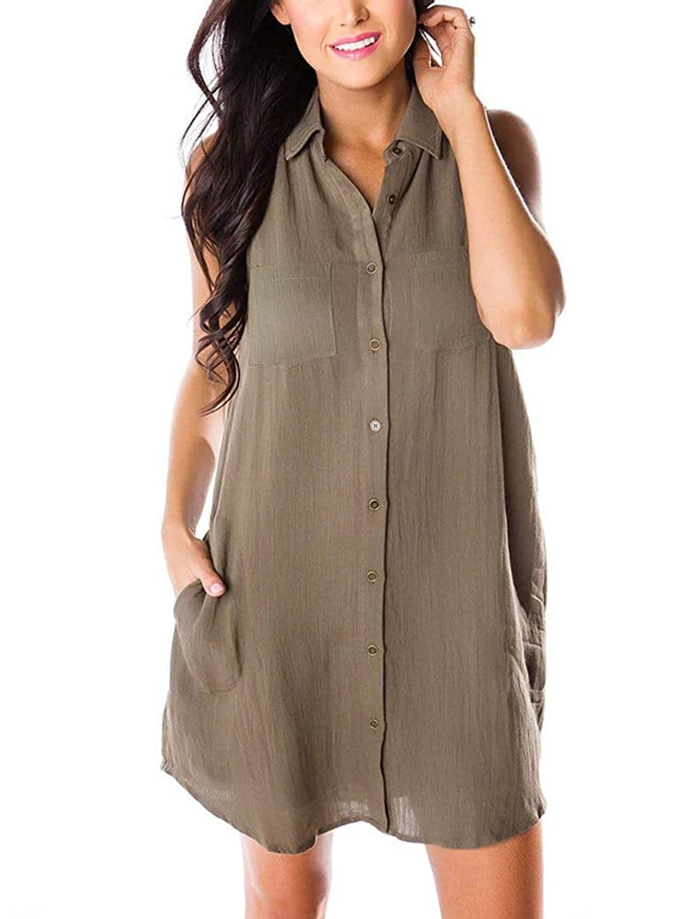 Prettoday  Sleeveless Button-Down Dress