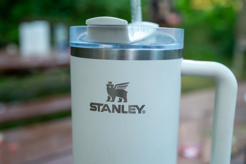 Close-up of logo on Stanley branded tumbler or water bottle at a campsite outdoors in Sonoma County, California, May 4, 2024. (Photo by Smith Collection/Gado/Getty Images)