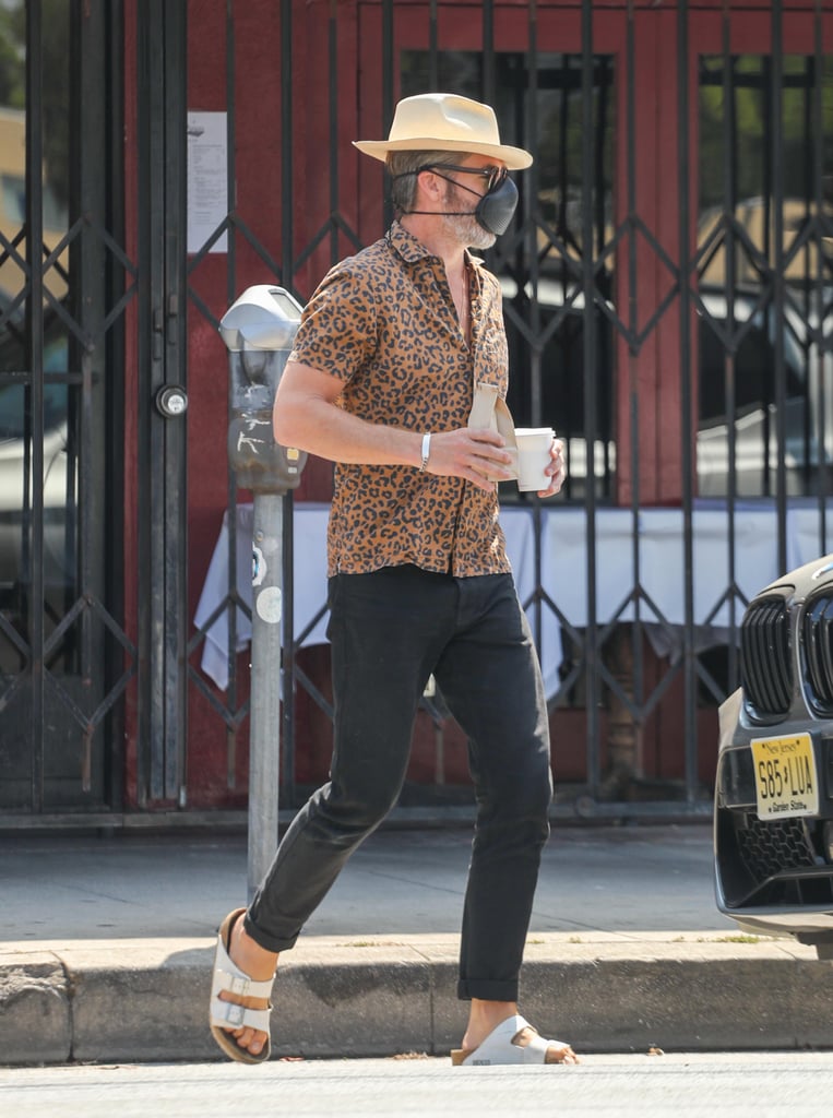 Chris Pine's Leopard-Print Shirt and Birkenstocks Outfit