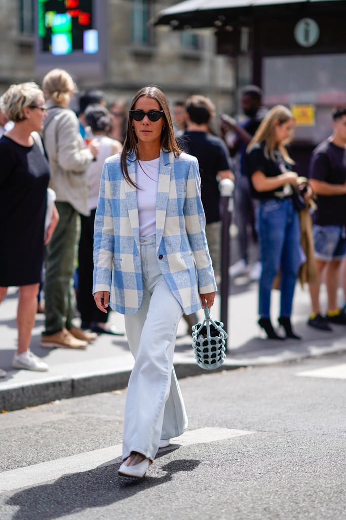 With a White Tee, Checked Blazer, and White Heels