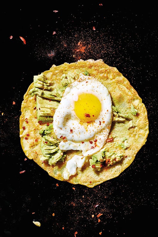 Gluten-Free Chickpea Crepes With Olive-Oil-Fried Egg and Smashed Avocado