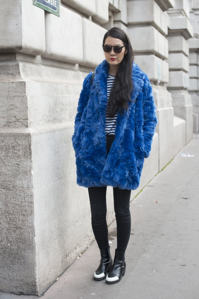 Kook meets classic when Breton stripes and a furry blue coat collide.