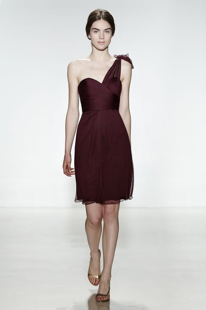 Amsale chiffon one-shoulder sweetheart neckline knee-length bridesmaid dress in aubergine
Photo courtesy of Amsale