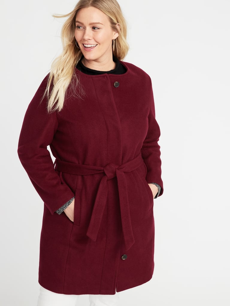 Collarless Tie-Belt Plus-Size Felt Coat 