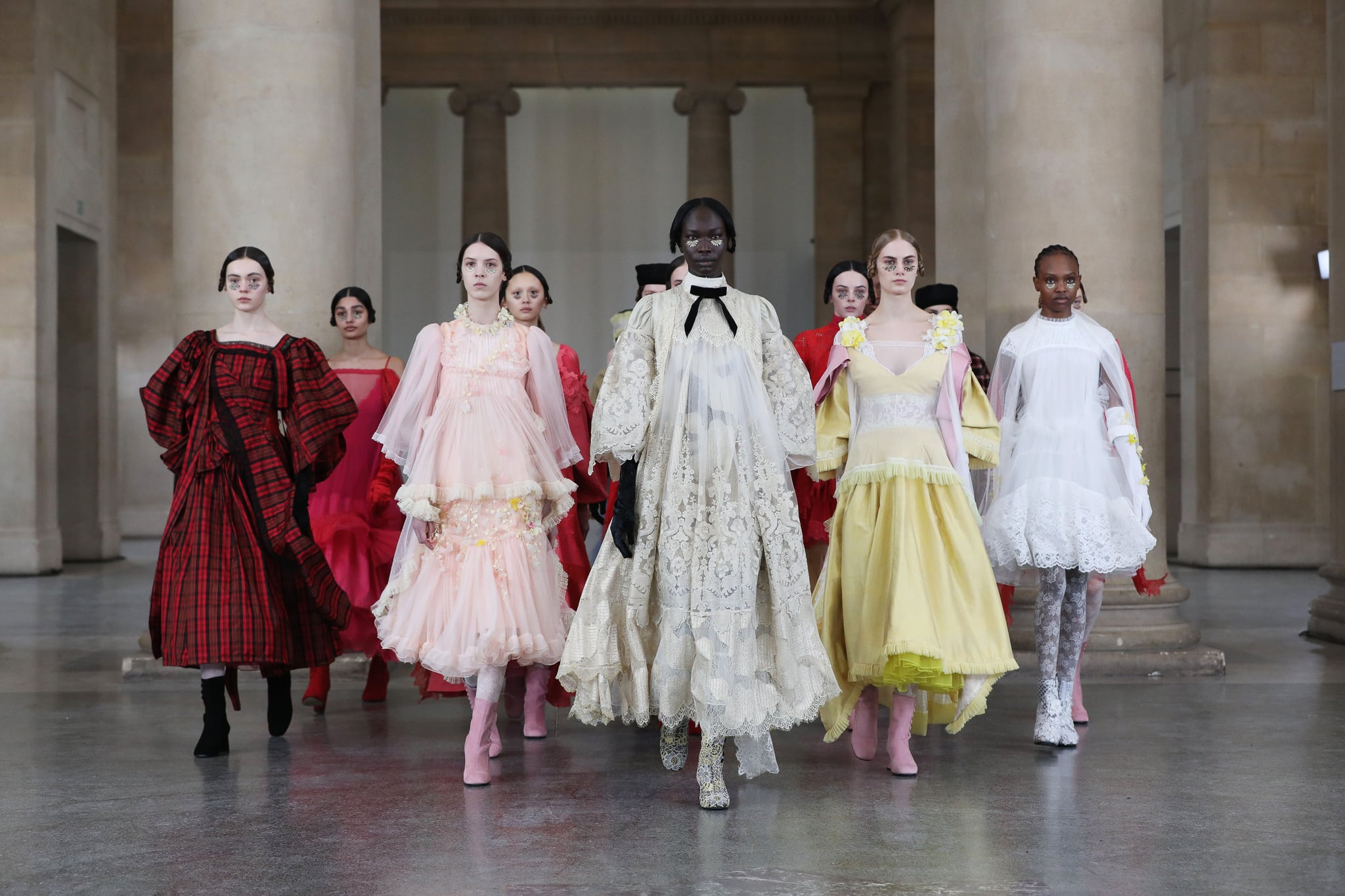 LONDON, ENGLAND - FEBRUARY 16:  In this image released February 19, models walk the runway during the filming of the Bora Aksu digital presentation during London Fashion Week February 2021 at the Tate Britain on February 16, 2021 in London, England.  (Photo by David M. Benett/Dave Benett/Getty Images)