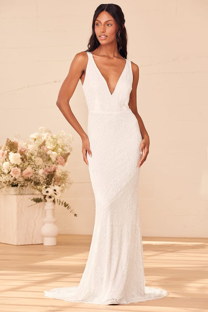 A V-Neck Wedding Dress: The Sweetest Vows White Beaded Sequin Mermaid Maxi Dress