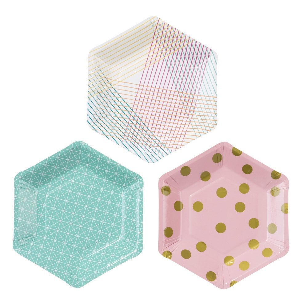12 Hexagonal Party Plates in 3 Designs ($8)