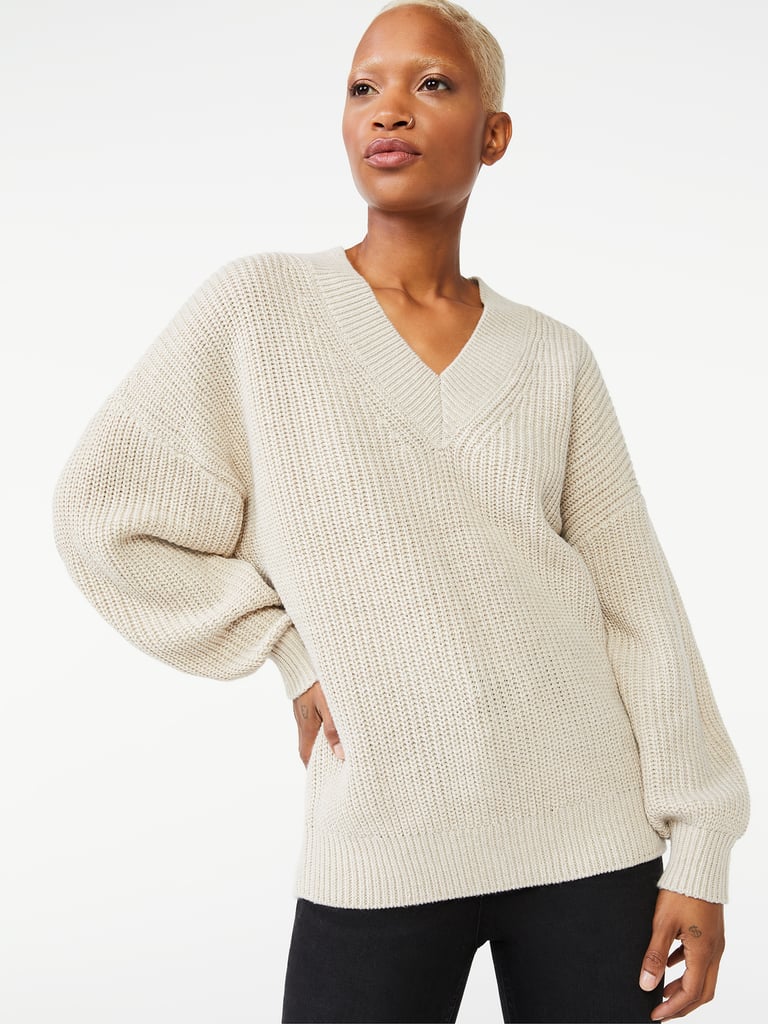 Women's Wide V-Neck Sweater With Long Sleeves