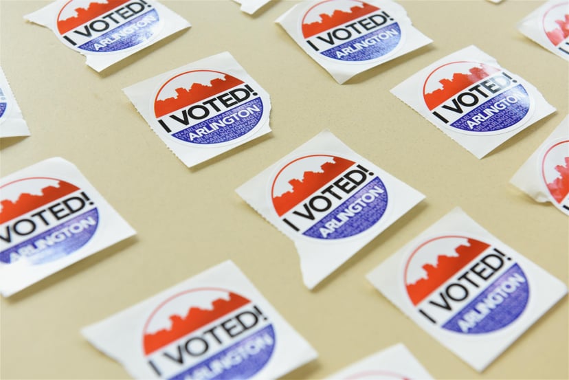 ARLINGTON, VIRGINIA - OCTOBER 31: 'I Voted' stickers are seen at a polling station during early voting for the U.S. Presidential election on October 31, 2020 in Arlington, United States. (Photo by Chen Mengtong/China News Service via Getty Images)