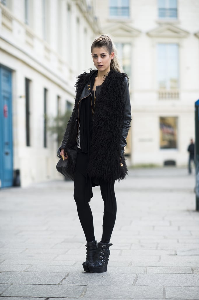 A rocker girl through and through, from her furry vest to her extreme buckled wedges.
Source: Le 21ème | Adam Katz Sinding
