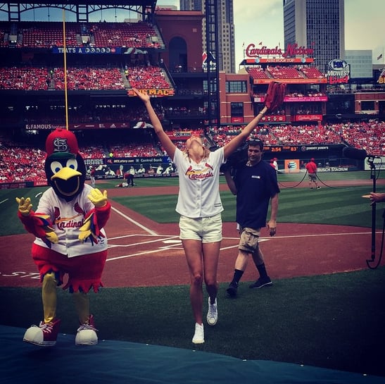 Karlie Kloss threw out the first pitch at the Cardinals game, saying, "(I have not been this nervous for ANYthing in YEARS!!!!! I am SO relieved my pitch made it across home plate!)"