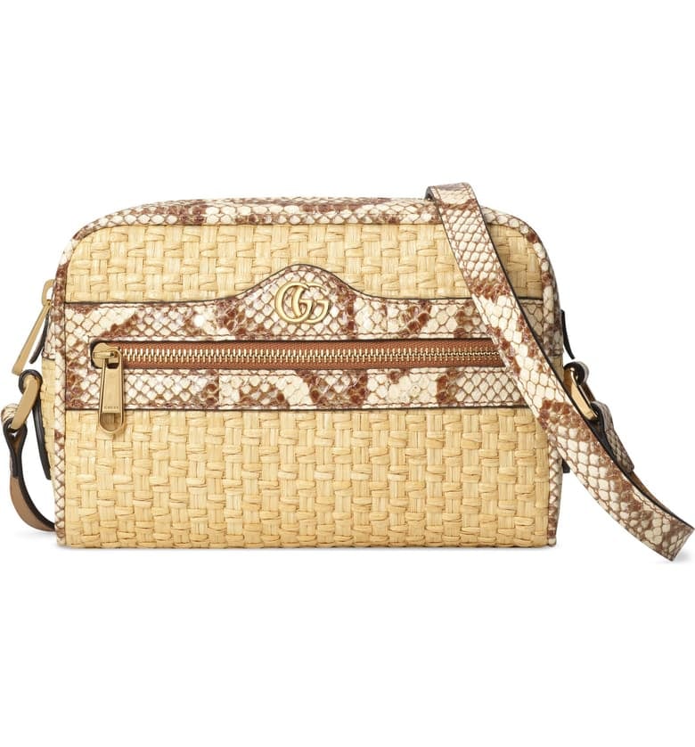 Gucci Ophidia Genuine Snakeskin & Straw Crossbody Bag