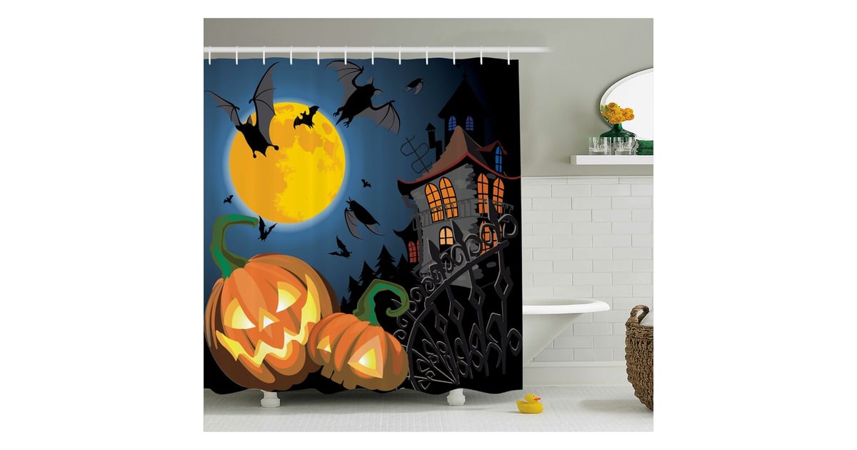 Halloween Decor Moon Pumpkin Shower Curtain + Hooks Best Halloween