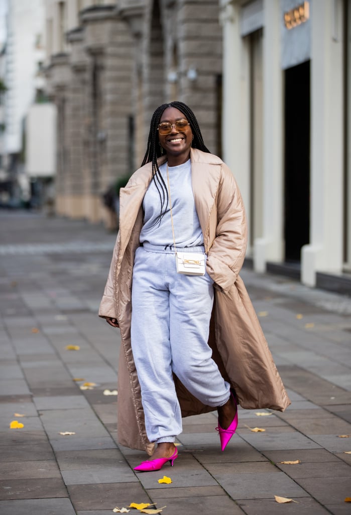 If there's any way to wear your groutfit sweats this winter, it's with a bright heel.