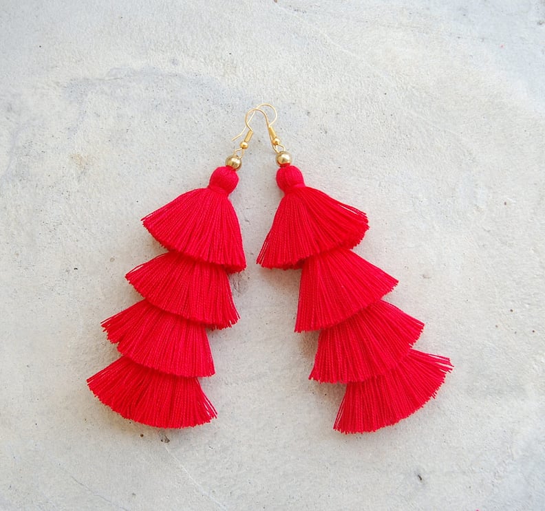 Four-Layered Red Tassel Earrings