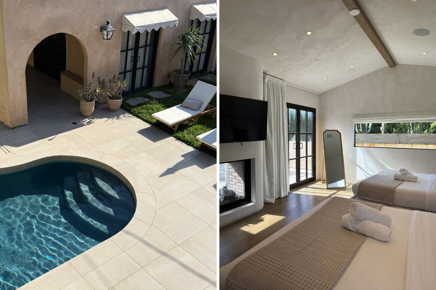 Side by side photos show an airy Airbnb where we shot our Off Campus cover