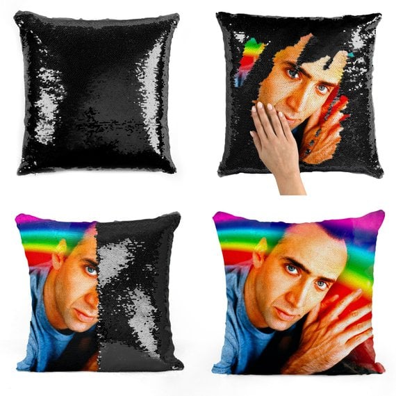 Nicolas Cage Rainbow Sequin Pillow