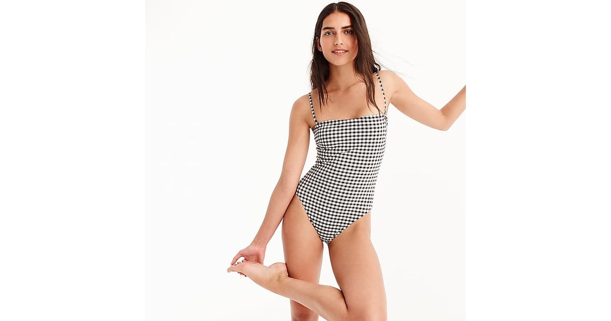 J Crew Straight Bandeau One Piece Swimsuit In Matte Gingham Olivia Wilde Looks So Carefree And Happy While Wearing This Gingham One Piece In Hawaii Popsugar Fashion Photo 3