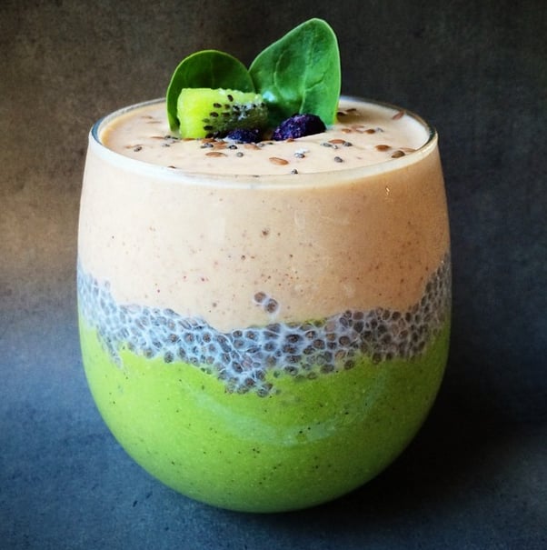 If you usually drink a smoothie in the morning, try mixing your usual favorite with a small serving of chia seed pudding. The added fiber will help you feel full until lunchtime. 
Source: Instagram user katherine_amartin