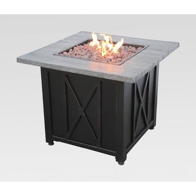 30" Outdoor Patio Gas Fire Pit with Wood Look Resin Mantel Gray