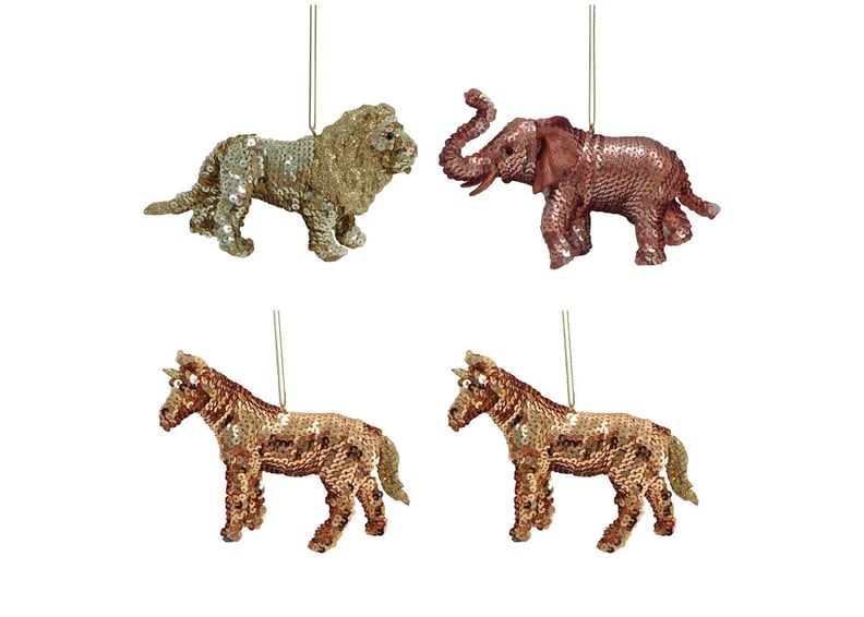 Enchanted Eve Sequin Elephants and Lions Christmas Ornament Set