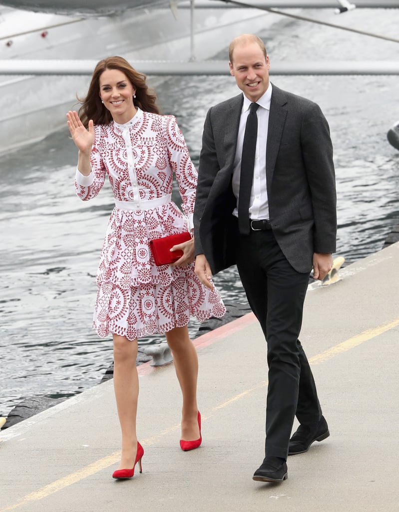 Kate punctuated her red and white Alexander McQueen dress with cherry-red heels and a matching clutch.
