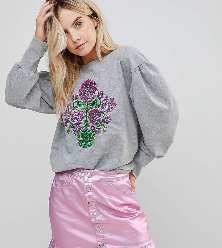 Chorus Petite Mutton Sleeve Sweater With Sequin Floral