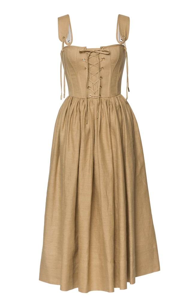 Lena Hoschek Giuseppina Lace-Up Linen Midi Dress in Tan
