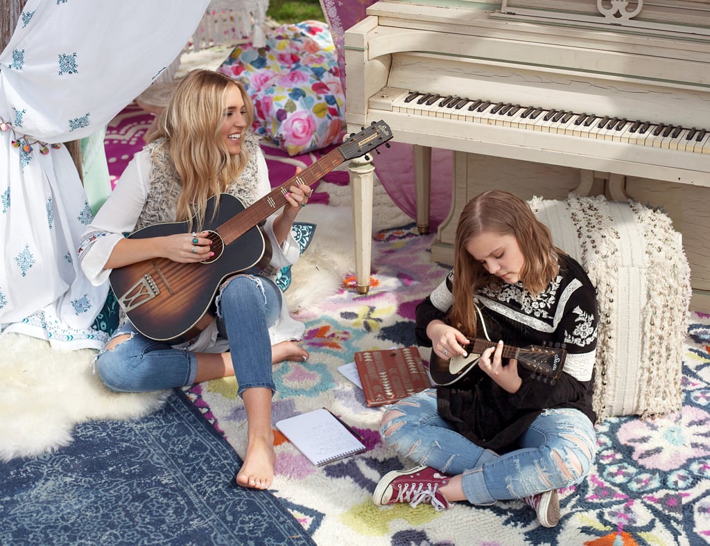 Products pictured: Indigo Printed Overdye Rug ($169-$699), Moroccan Vanity Stool ($259), Bohemian Rug ($199-$899),  Embroidered Sheer ($69-$99)