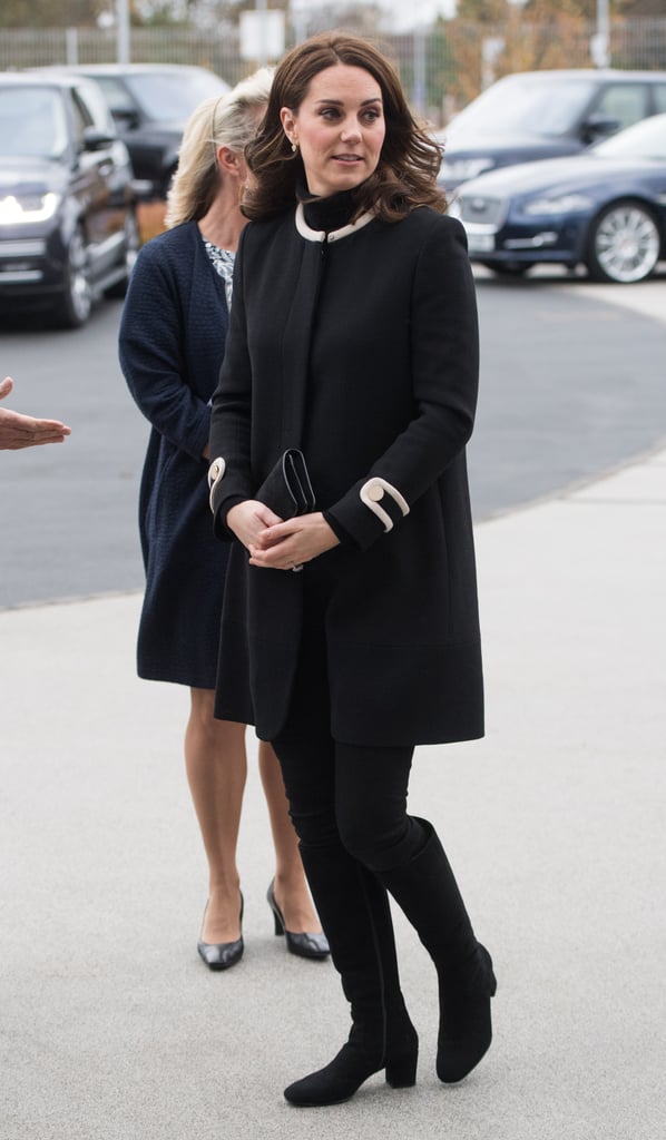 The Duchess of Cambridge debuted this black Goat coat during her second pregnancy. She then wore it when she visited Birmingham with Prince William in November 2017.